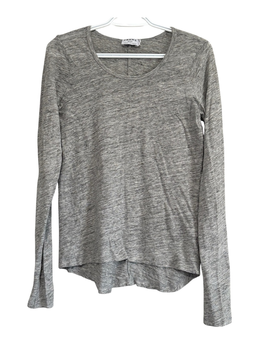 FRAME Women’s M Gray Solid Linen Knit Scoop Neck LS T-Shirt Raw Hem LWTS0047